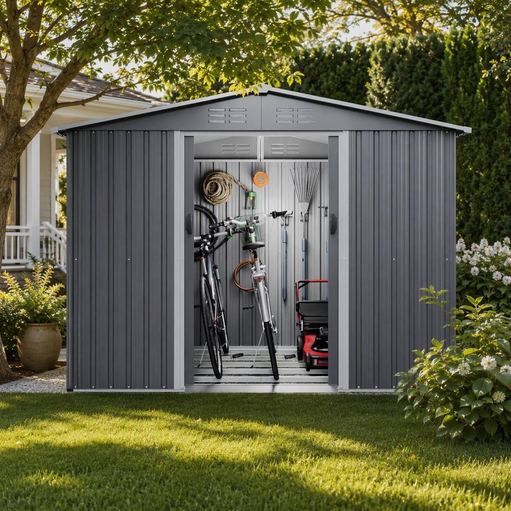 Angle. RYHNUYNE - 8x6 ft Steel Shed Metal Base Lockable Sliding Doors Weatherproof Garden Tool Gray - Gray.