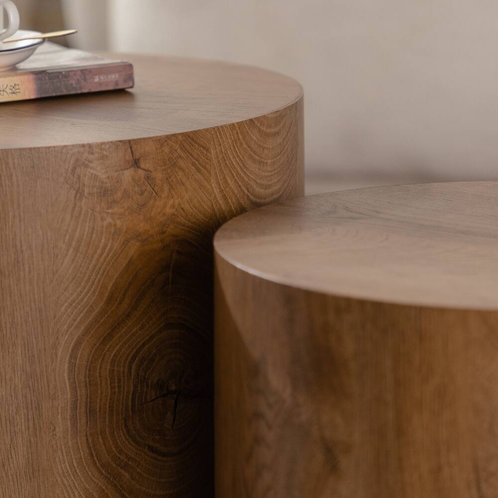 Left. Loheer - Nesting Coffee Table Set of 2 Round Wooden Modern Circle Table for Small Space Living Room Bedroom Accent End Side Table - Brown.