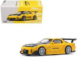 Mazda RX7 (FD) "RE Amemiya" Widebody RHD (Right Hand Drive) Hood 1/64 Diecast Model Car by Pop Race - Yellow with Carbon