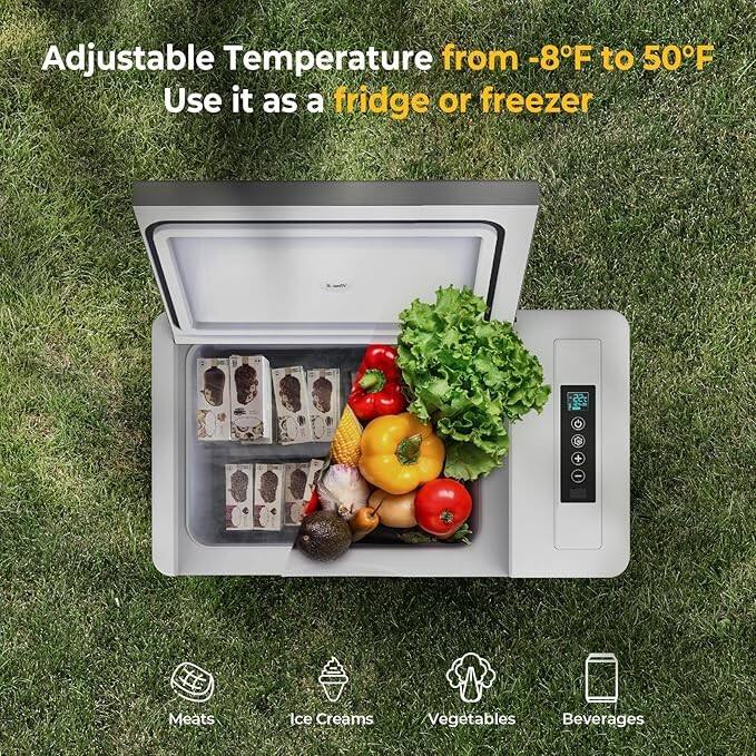 Adjustable Temperature from -8°F to 50°F  
Use it as a fridge or freezer  

- Meats  
- Ice Creams  
- Vegetables  
- Beverages