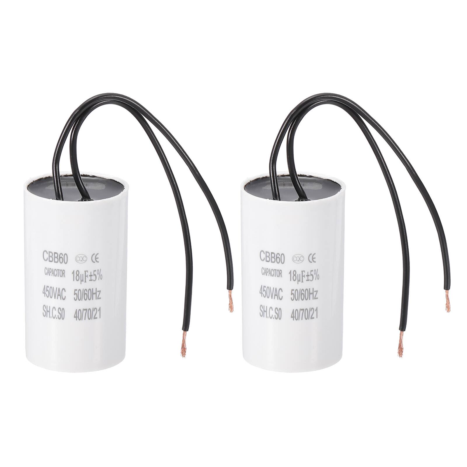 Unique Bargains - 2pcs 18uF CBB60 Running Capacitor, AC 450V 2 Wires 50/60Hz for Refrigerators, Washing Machines, Water Pumps - White