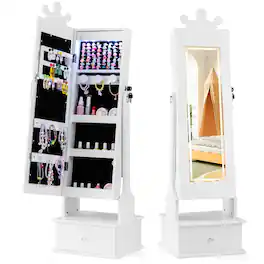 Gymax - Kids Jewelry Armoire w/3-Color Lighted Full Length Mirror & Inside Led Lights - White