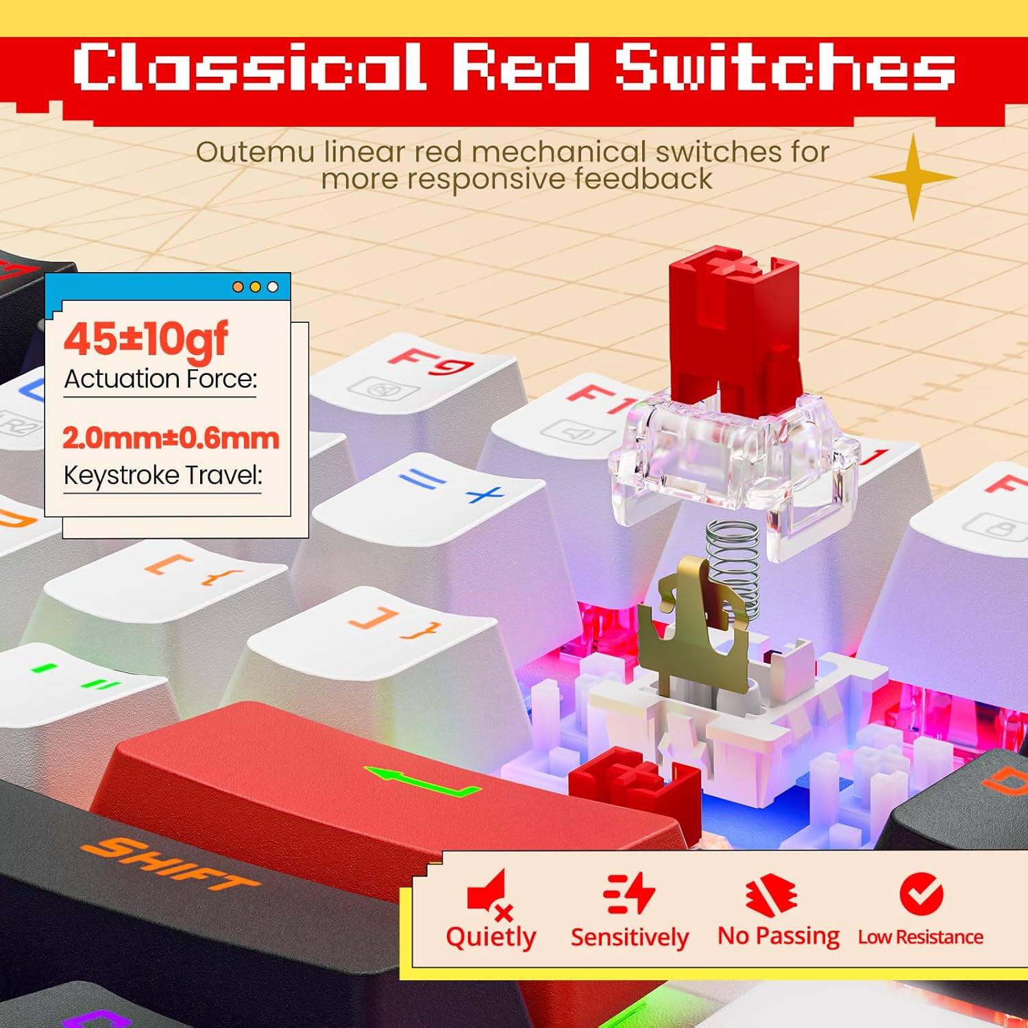 Classical Red Switches  
Outemu linear red mechanical switches for more responsive feedback  

45±10gf  
Actuation Force:  
2.0mm±0.6mm  
Keystroke Travel:  

Quietly  
Sensitively  
No Passing  
Low Resistance