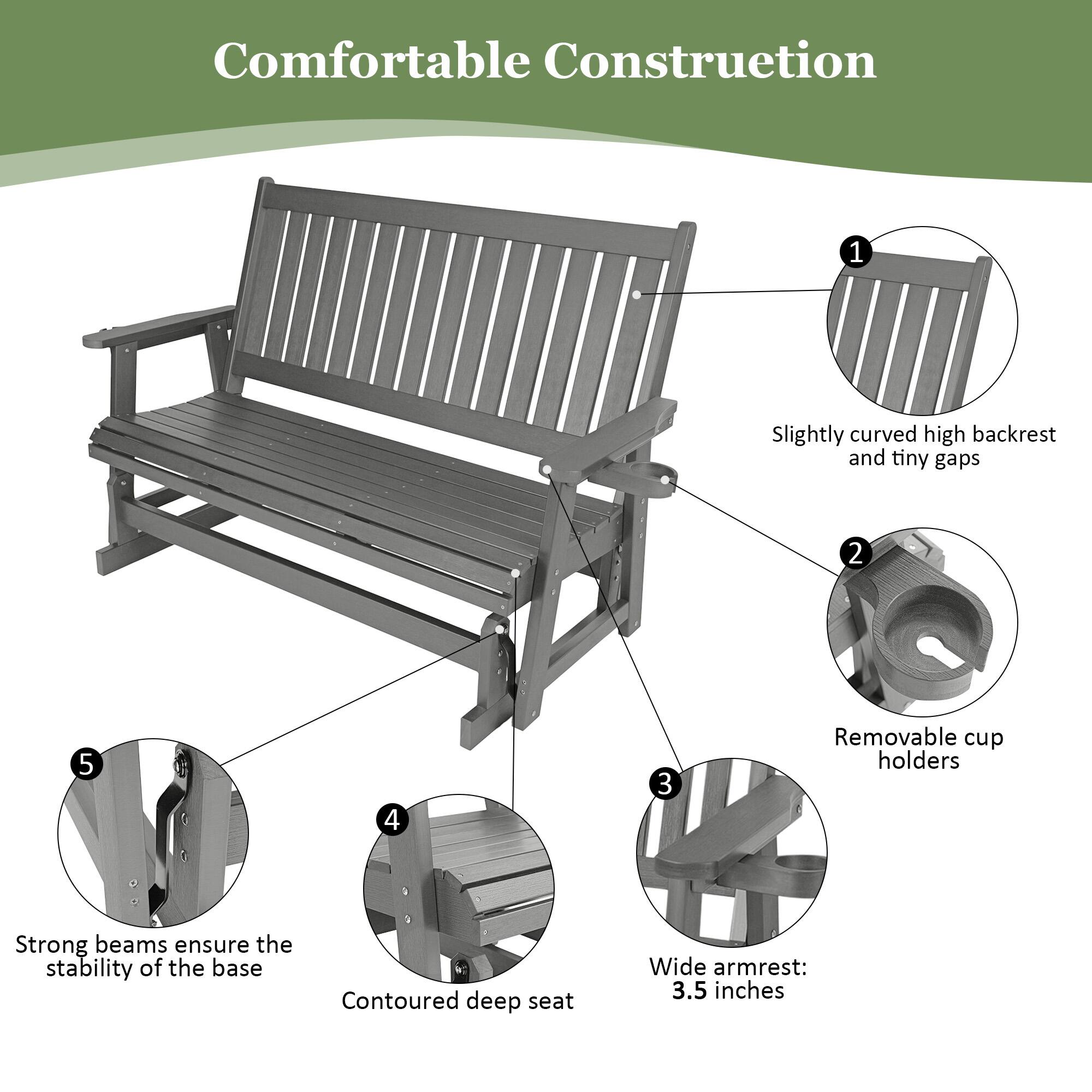 Comfortable Construction

1. Slightly curved high backrest and tiny gaps
2. Removable cup holders
3. Wide armrest: 3.5 inches
4. Contoured deep seat
5. Strong beams ensure the stability of the base