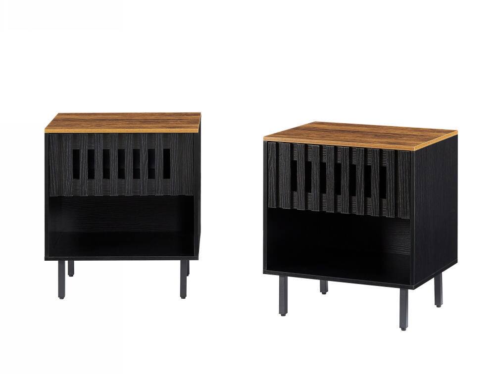 Alt View 2. Tiramisubest - 2 Set Mid Century Modern Nightstands with Grille Striped Doors,Slatted Drawer Decor & Metal Legs for Bedroom - Black+Brown.