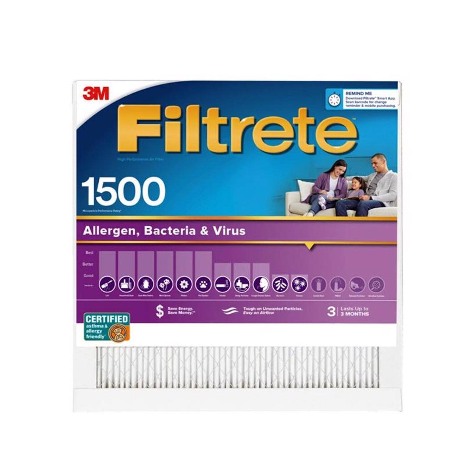 Sure, here is the corrected and grouped text from the image:

---

**3M Filtrete**

**1500**

**Allergen, Bacteria & Virus**

- **Best**
- **Better**
- **Good**

**CERTIFIED**  
as asthma & allergy friendly

**Save Energy, Save Money**

**Tough on Unwanted Particles, Easy on Airflow**

**Lasts Up to 3 MONTHS**

**REMEMBER ME**  
Download Filtrete® Smart App. Reminder & mobile purchasing.

---

This text is organized to reflect the information and features highlighted on the packaging.
