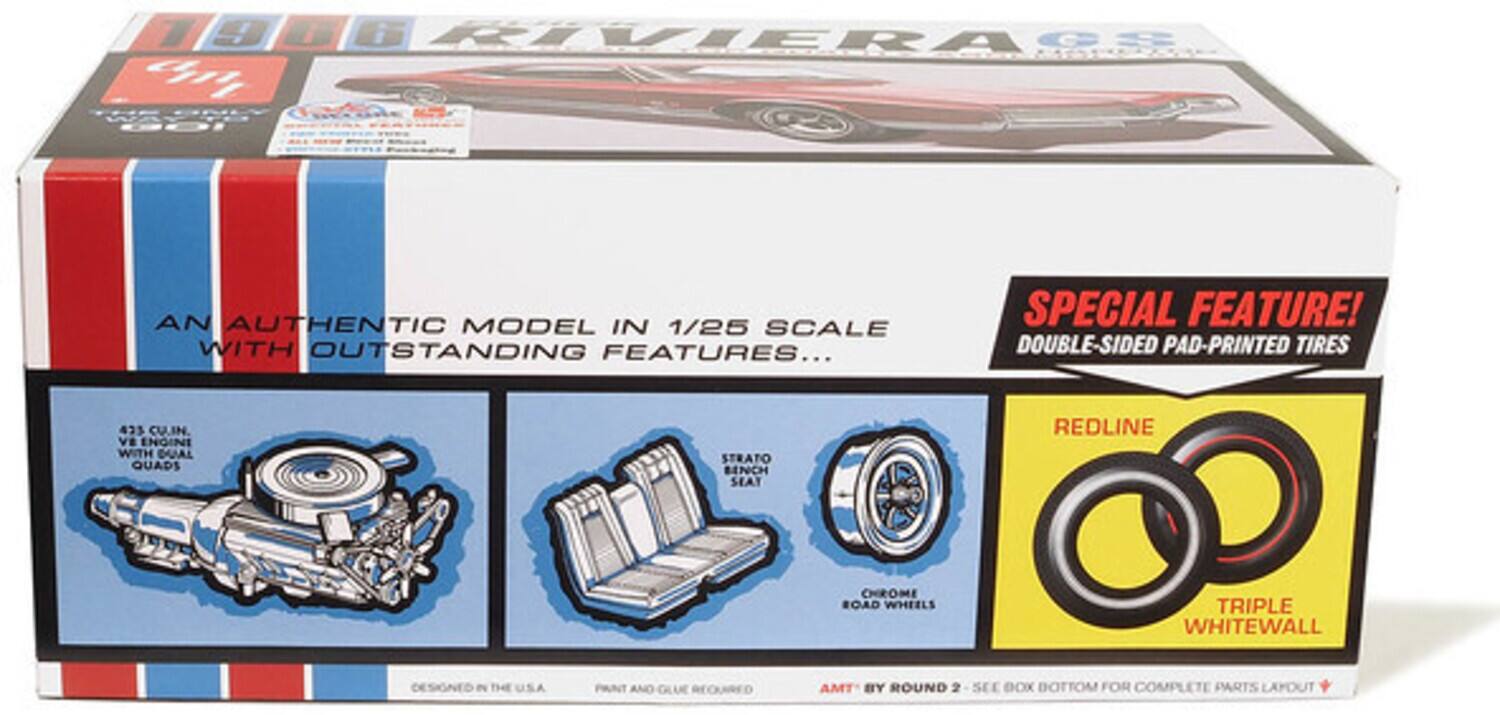 7 RIVIERAS OS  
AN AUTHENTIC MODEL IN 1/25 SCALE WITH OUTSTANDING FEATURES...  
SPECIAL FEATURE! DOUBLE-SIDED PAD-PRINTED TIRES  
433 CU.IN. ENGINE WITH DUAL QUADS  
STRATO BENCH SEAT  
REDLINE CHROME ROAD WHEELS  
TRIPLE WHITEWALL  
DESIGNED IN THE U.S.A.  
PAINT AND GLUE REQUIRED  
AMT BY ROUND 2 - SEE BOX BOTTOM FOR COMPLETE PARTS LAYOUT