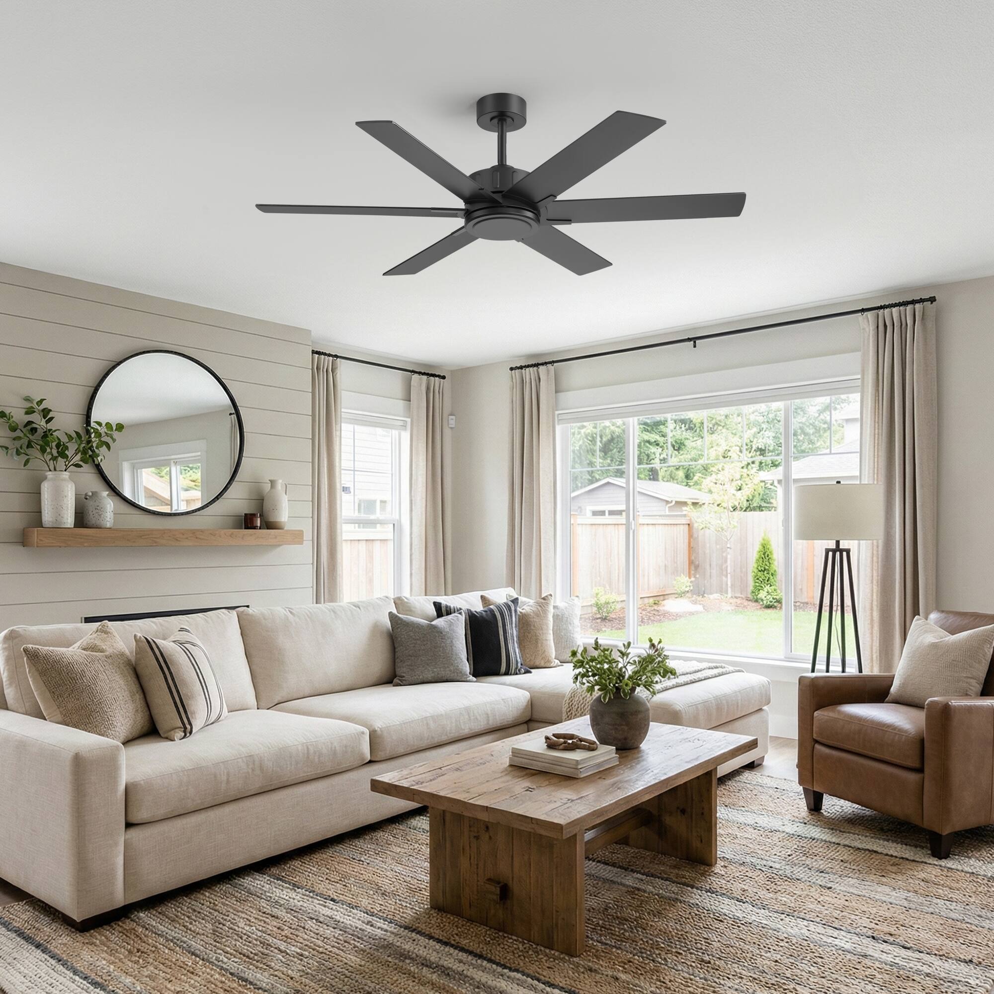 Back. Breezary - 56-Inch Modern Versatile Ceiling Fan with 6 Plywood Blades, DC Motor, 6-Speed Remote, Timer, Downrod Mount - 56-Inch Black and Walnut.