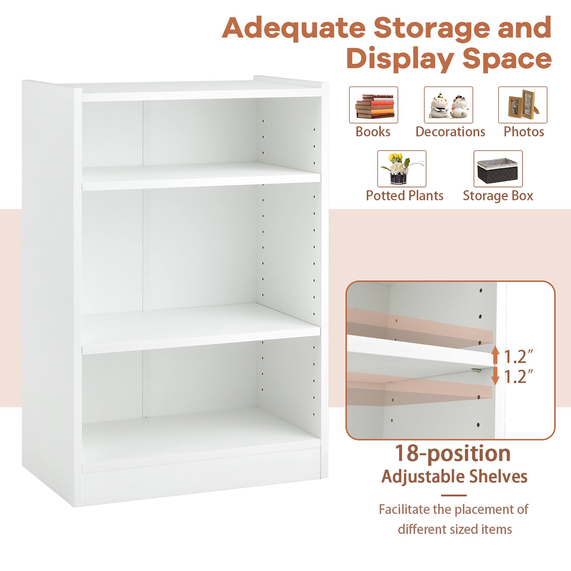 Adequate Storage and Display Space: Books, Decorations, Photos, Potted Plants, Storage Box (1.2" 1.2" 18-position Adjustable Shelves) Facilitate the placement of different sized items.