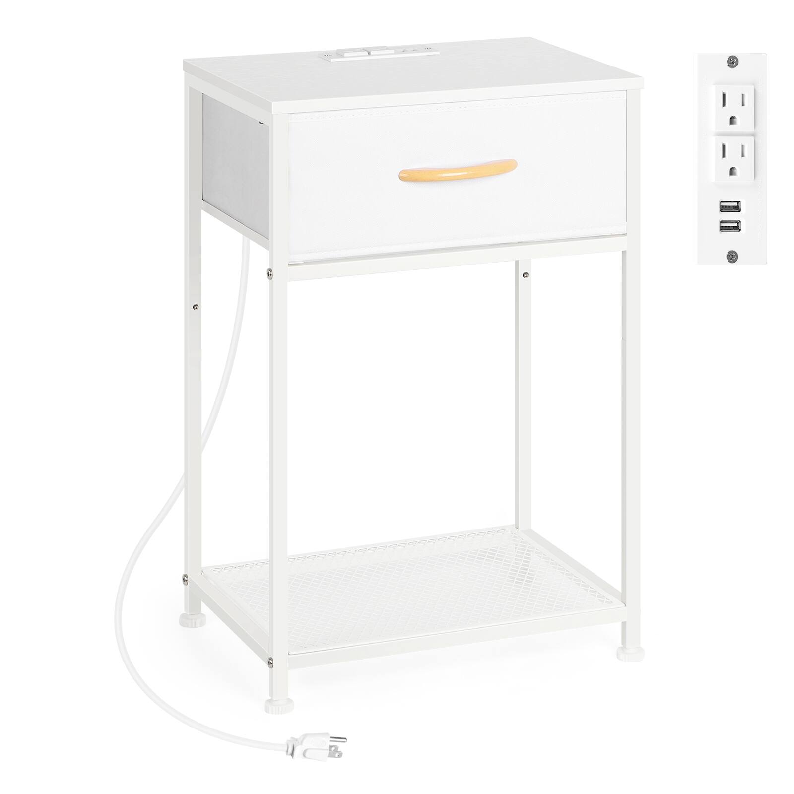 Alt View 2. Oumilen - End Table with Fabric Drawer, Mesh Shelf & Charging Station, White - White.