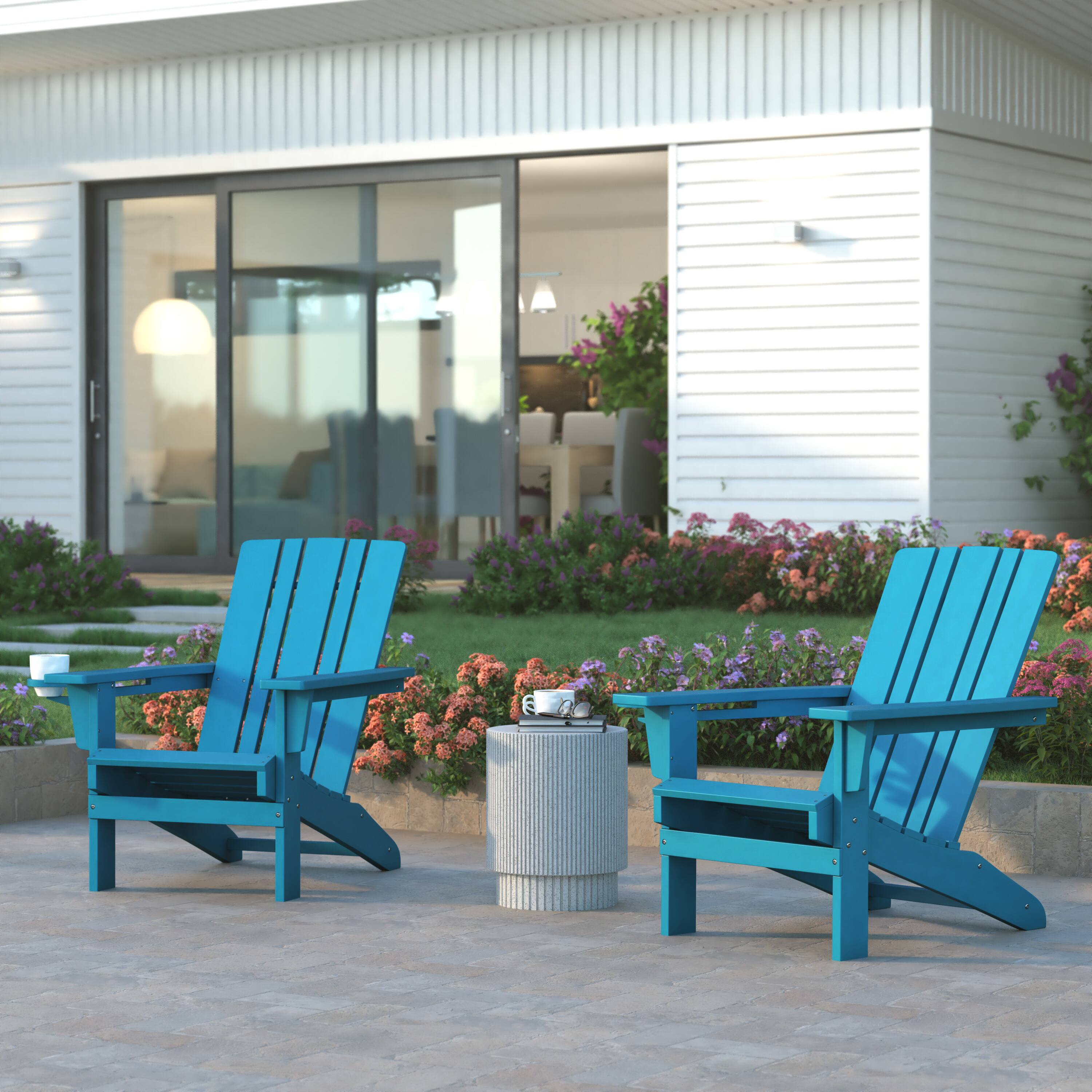 Alt View 2. Emma + Oliver - Haley Set of 2 Adirondack Chairs with Cup Holders, Weather Resistant HDPE Adirondack Chairs - Blue.