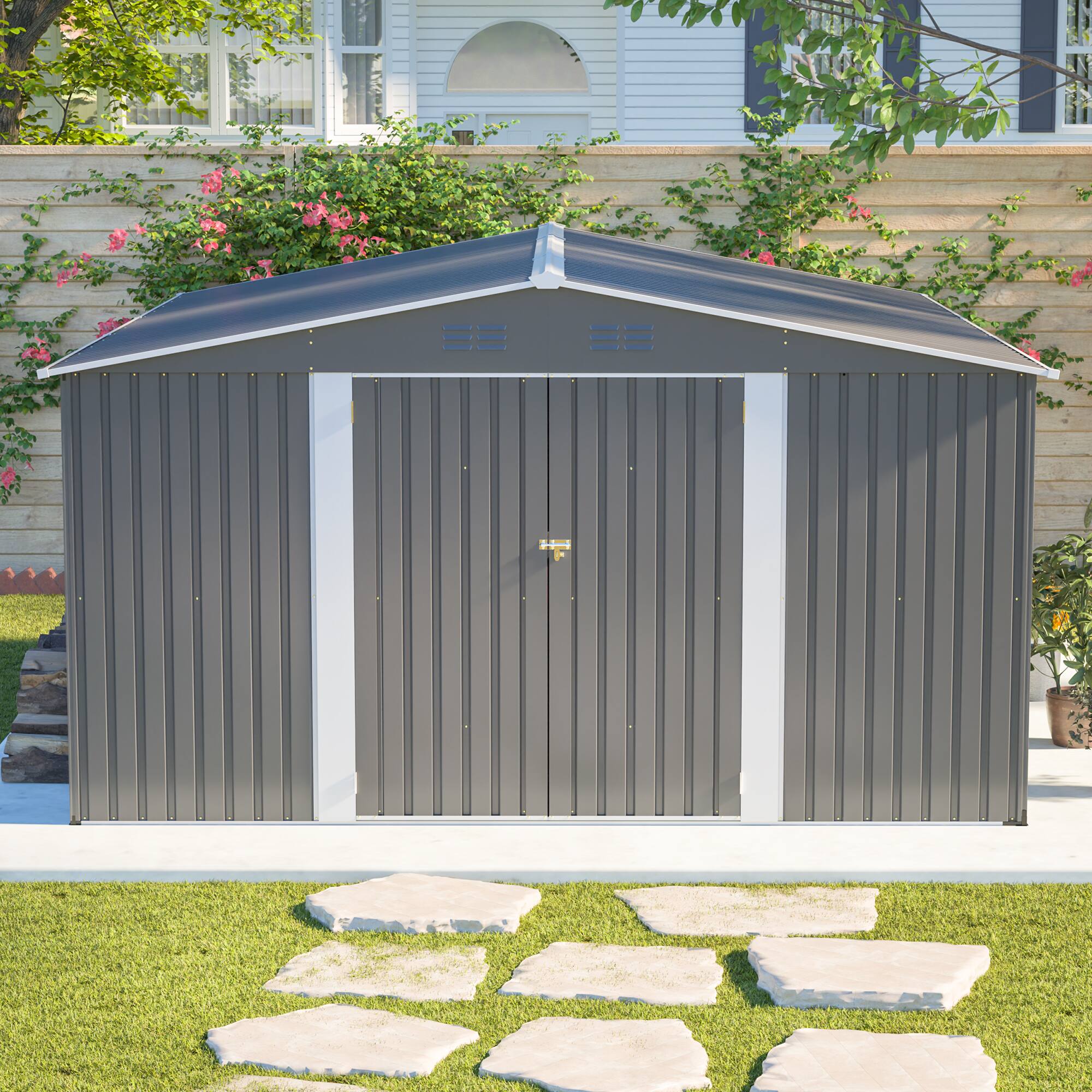 Alt View 9. Loheer - Loheer 12x14 Metal Storage Shed Large Garden Tool Shed Waterproof Yard Building with Lockable Double Doors Light Gray.