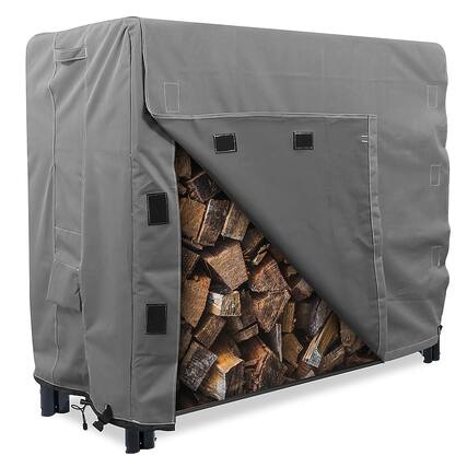 Front. KHOMO GEAR - Heavy-Duty 4ft Firewood Log Rack Cover, Waterproof Outdoor Wood Storage Protector, Fade & Weather Resistant - Grey.