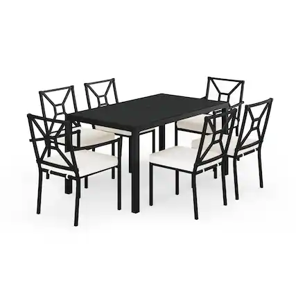 Front. Martha Stewart - Lily Pond 7-Piece Steel Patio Dining Set with 6 Stackable Chairs and 60" Table - Cream Cushions/Black Frame.