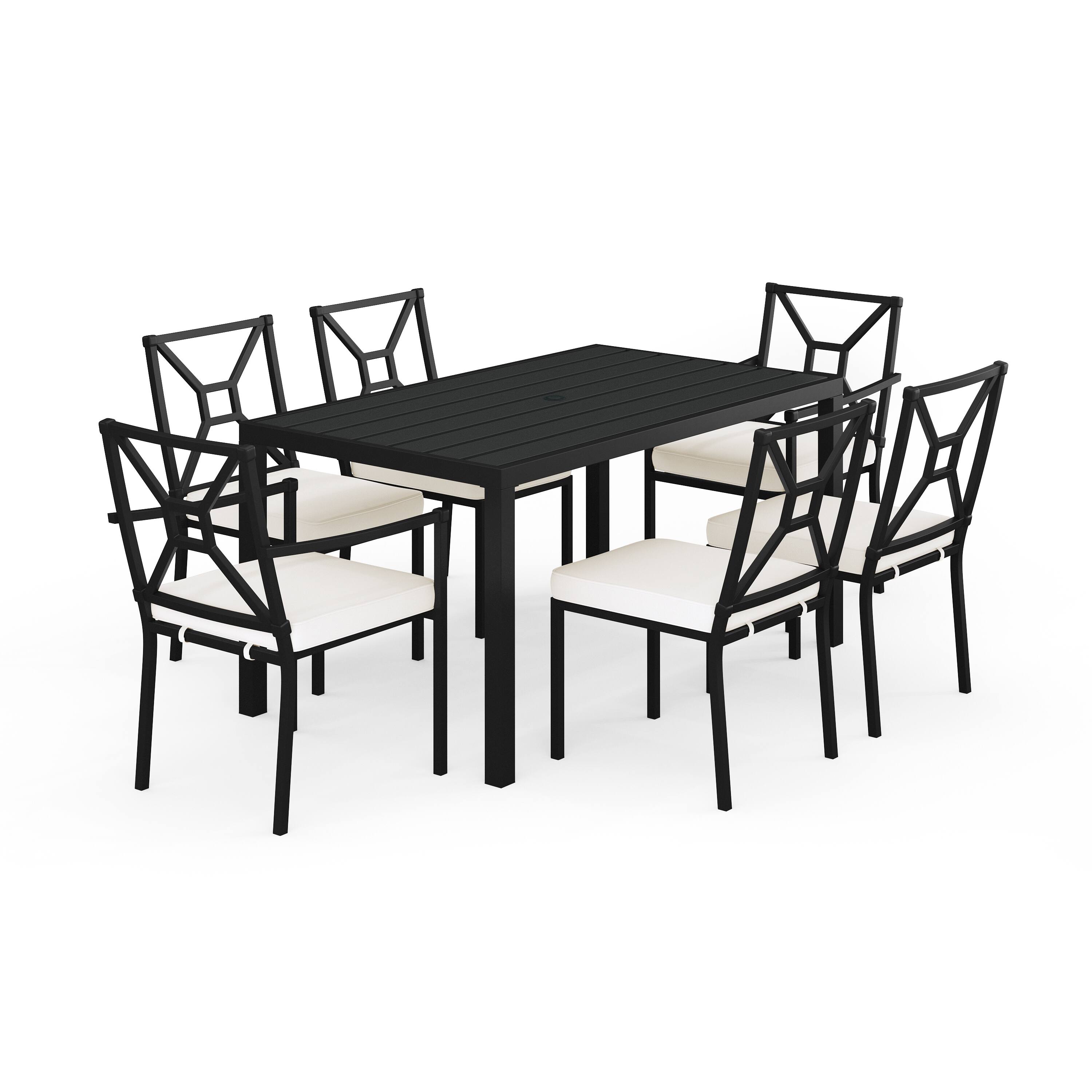 Front. Martha Stewart - Lily Pond 7-Piece Steel Patio Dining Set with 6 Stackable Chairs and 60" Table - Cream Cushions/Black Frame.