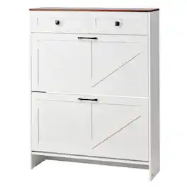 VEVOR - Shoe Cabinet with 2 Flip Drawers, Farmhouse Shoes Storage Cabinet with 2 Drawers and Anti-Tipping Device - White + Walnut