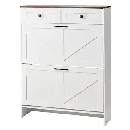 Front. VEVOR - Shoe Cabinet with 2 Flip Drawers, Farmhouse Shoes Storage Cabinet with 2 Drawers and Anti-Tipping Device - White + Walnut.