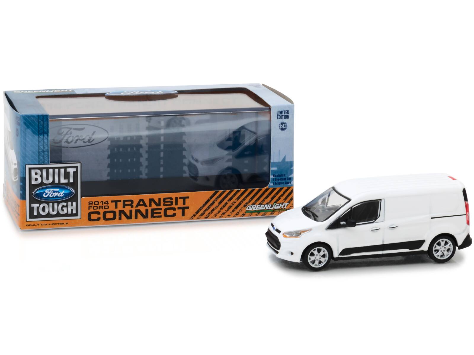 GREENLIGHT  
BUILT Ford TOUGH  
2014 FORD TRANSIT CONNECT  
LIMITED EDITION 143  
Castaine 1810-Cant car Acrylle  
GREENLIGHT  
1:18-scale Car  
Recycled Plastic