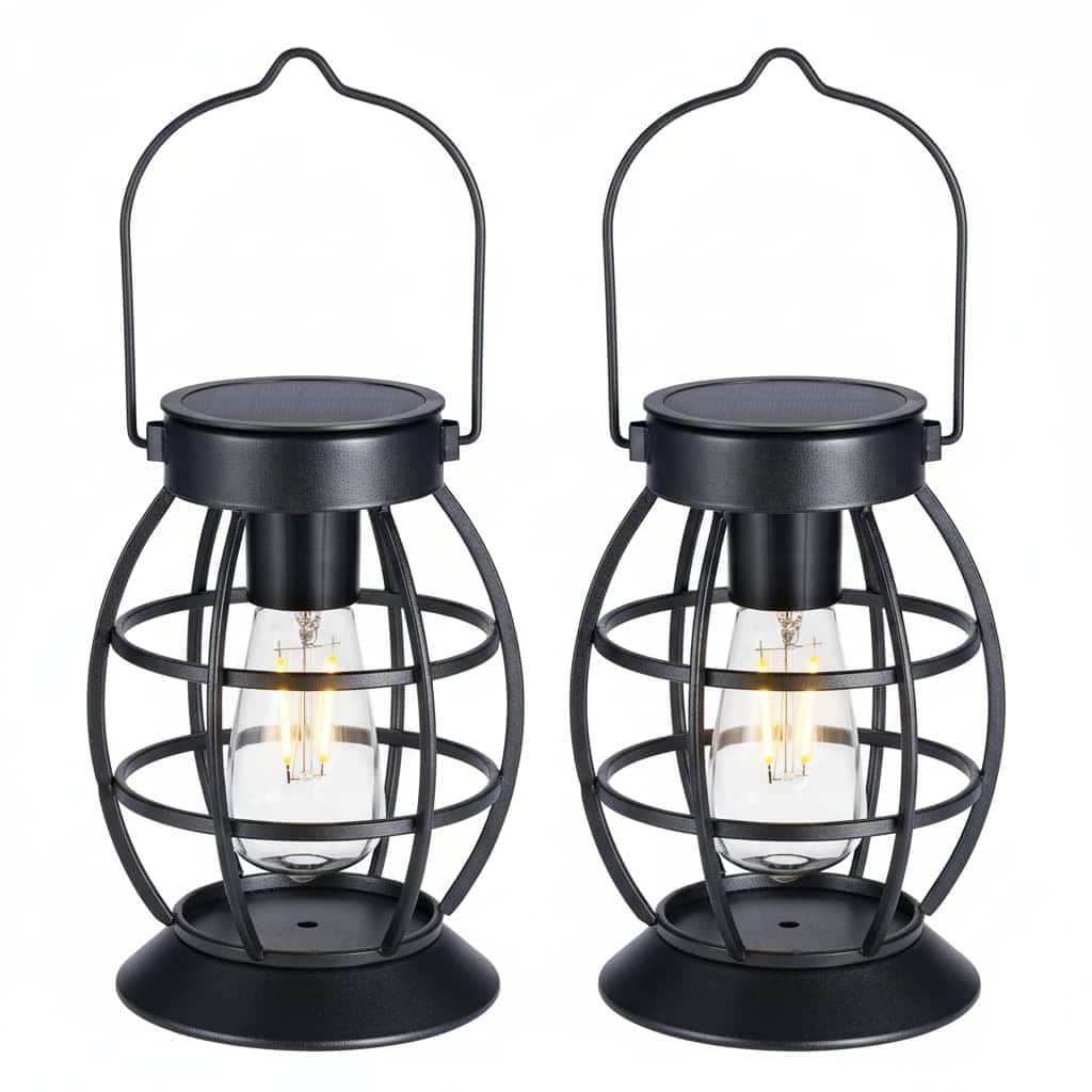 FINEAK - 10.5" 2 Pack Solar Hanging Metal Lanterns - Waterproof LED Outdoor Christmas Decor - Black