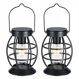 FINEAK - 10.5" 2 Pack Solar Hanging Metal Lanterns - Waterproof LED Outdoor Christmas Decor - Black