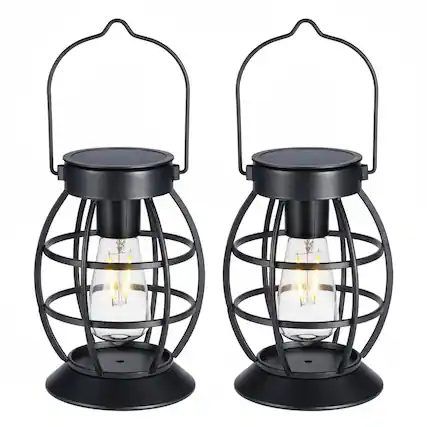Front. FINEAK - 10.5" 2 Pack Solar Hanging Metal Lanterns - Waterproof LED Outdoor Christmas Decor - Black.
