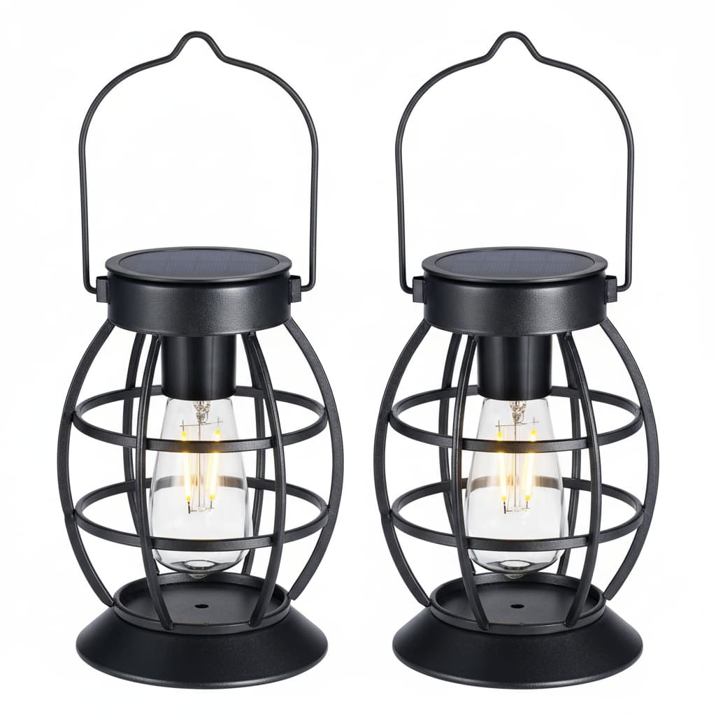 Front. FINEAK - 10.5" 2 Pack Solar Hanging Metal Lanterns - Waterproof LED Outdoor Christmas Decor - Black.
