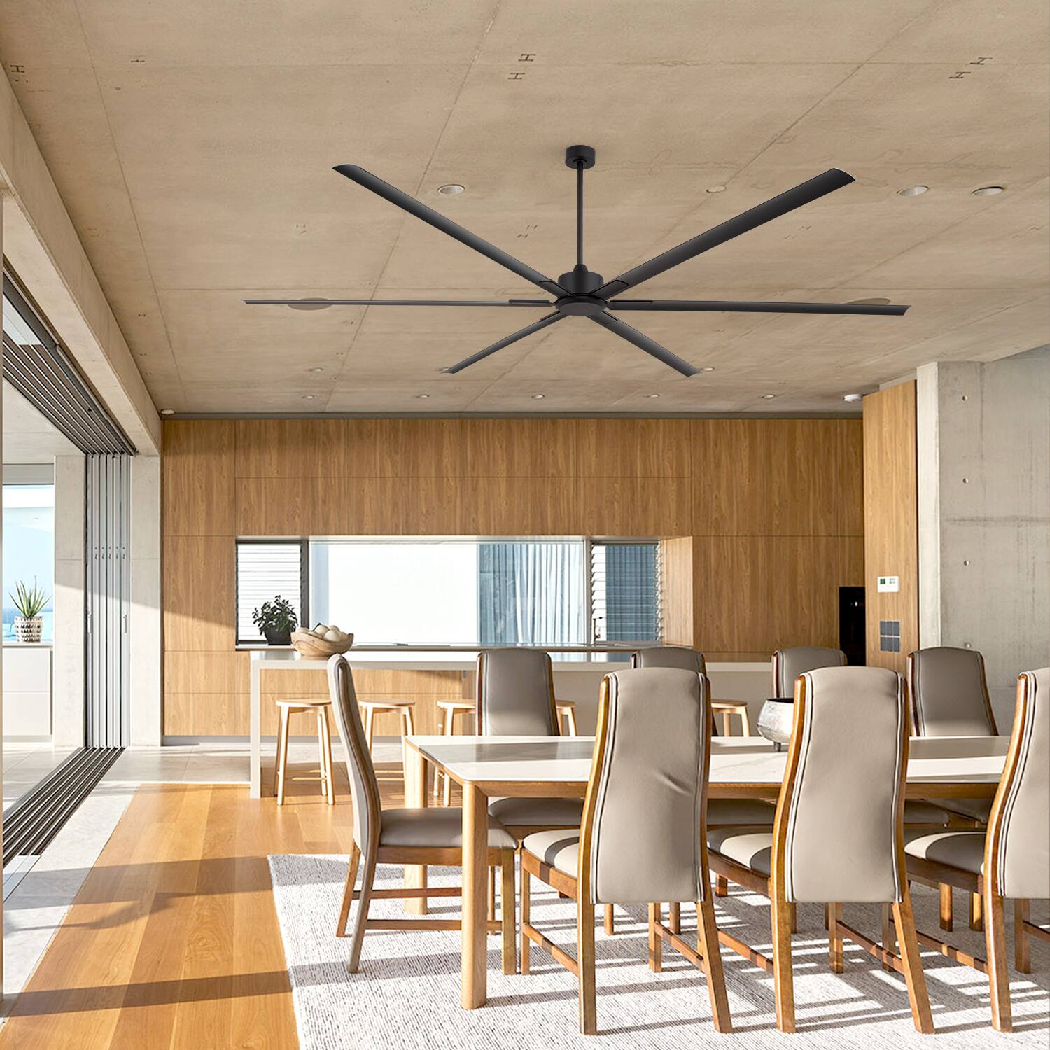 Alt View 1. Breezary - 120/144 Inch 12ft HVLS Industrial Ceiling Fan, DC Motor, Aluminum Blades, Downrod Mount, High Airflow, Commercial Grade - 120-in Black (6-Blade).