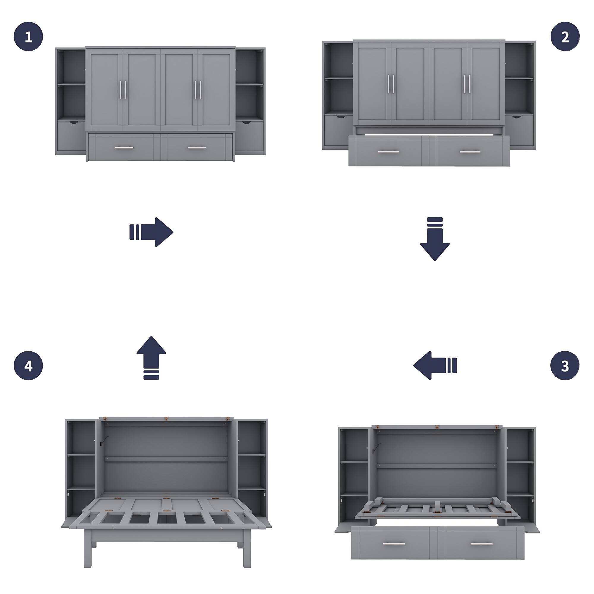 Back. Tiramisubest - Full Size Gray Murphy Bed with Shelves, Drawers, USB Ports, 93x76x44 inches, Space-saving - Gray.