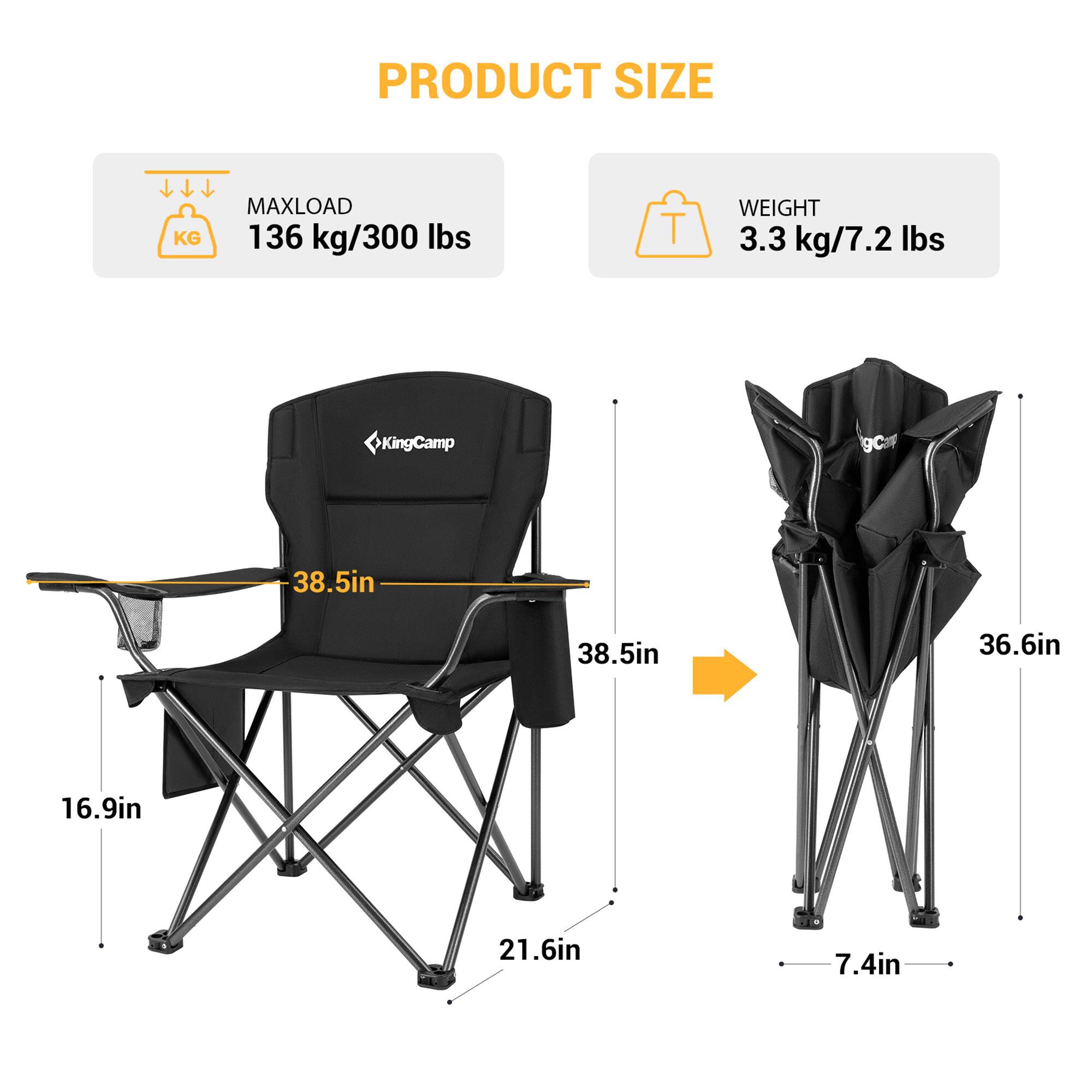 PRODUCT SIZE  
MAXLOAD 136 kg/300 lbs  
WEIGHT 3.3 kg/7.2 lbs  

KingCamp  
38.5in  
38.5in  
36.6in  
16.9in  
21.6in  
7.4in