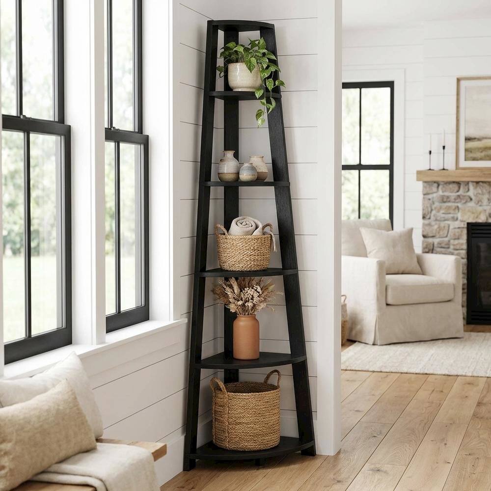 Alt View 1. FurniFact - Black 5-Tier Corner Bookcase with Modern Design and Durable MDF Construction - Black.