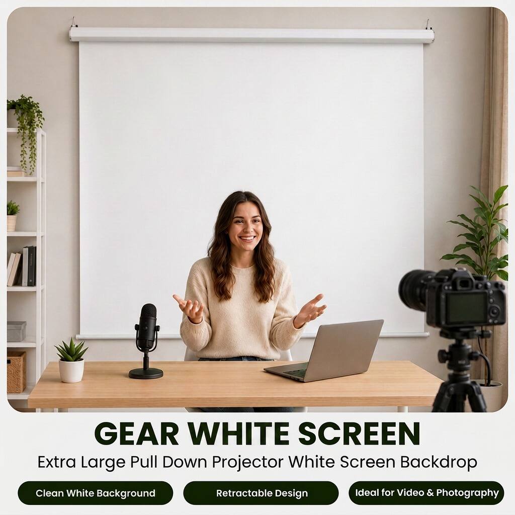 GEAR WHITE SCREEN  
Extra Large Pull Down Projector White Screen Backdrop  
Clean White Background  
Retractable Design  
Ideal for Video & Photography