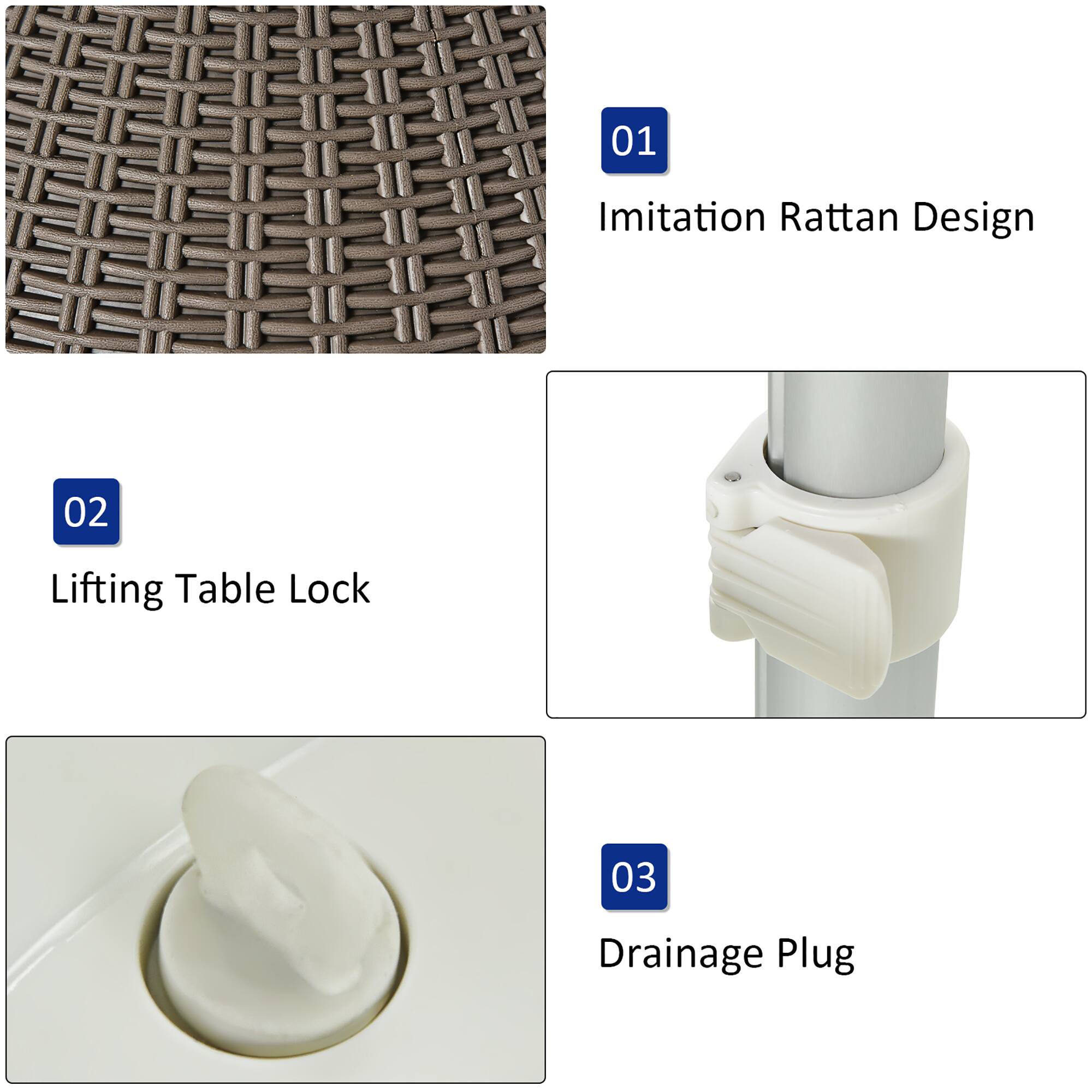 01 Imitation Rattan Design  
02 Lifting Table Lock  
03 Drainage Plug