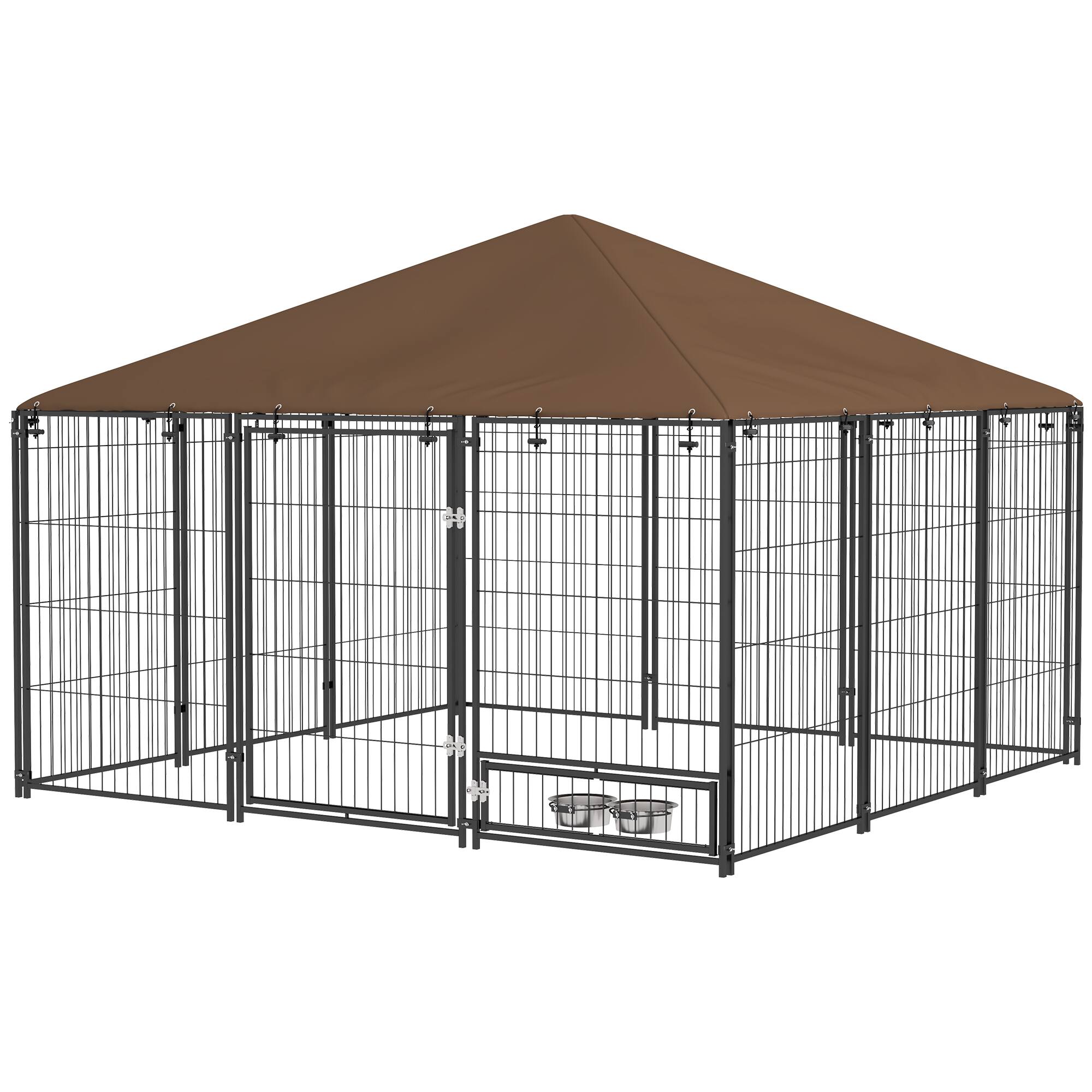 Alt View 4. Siljoy - Outdoor Dog Kennel with Canopy, 83" Playpen with Rotating Bowl & Covered Roof for Large Dogs.
