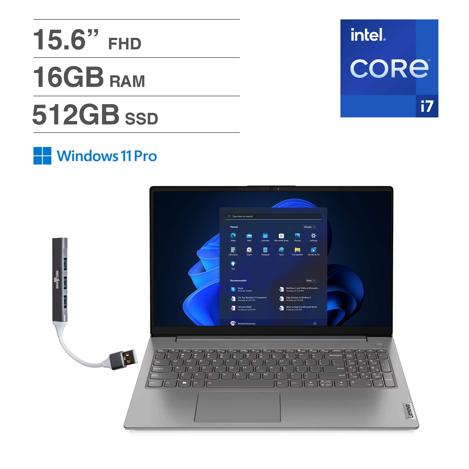 Lenovo - V15 Laptop 15.6 FHD (Intel i7-13620H, 16GB DDR4, 512GB M.2 PCIe SSD, Intel UHD, Win 11 Pro) w/USB Hub - Iron Grey