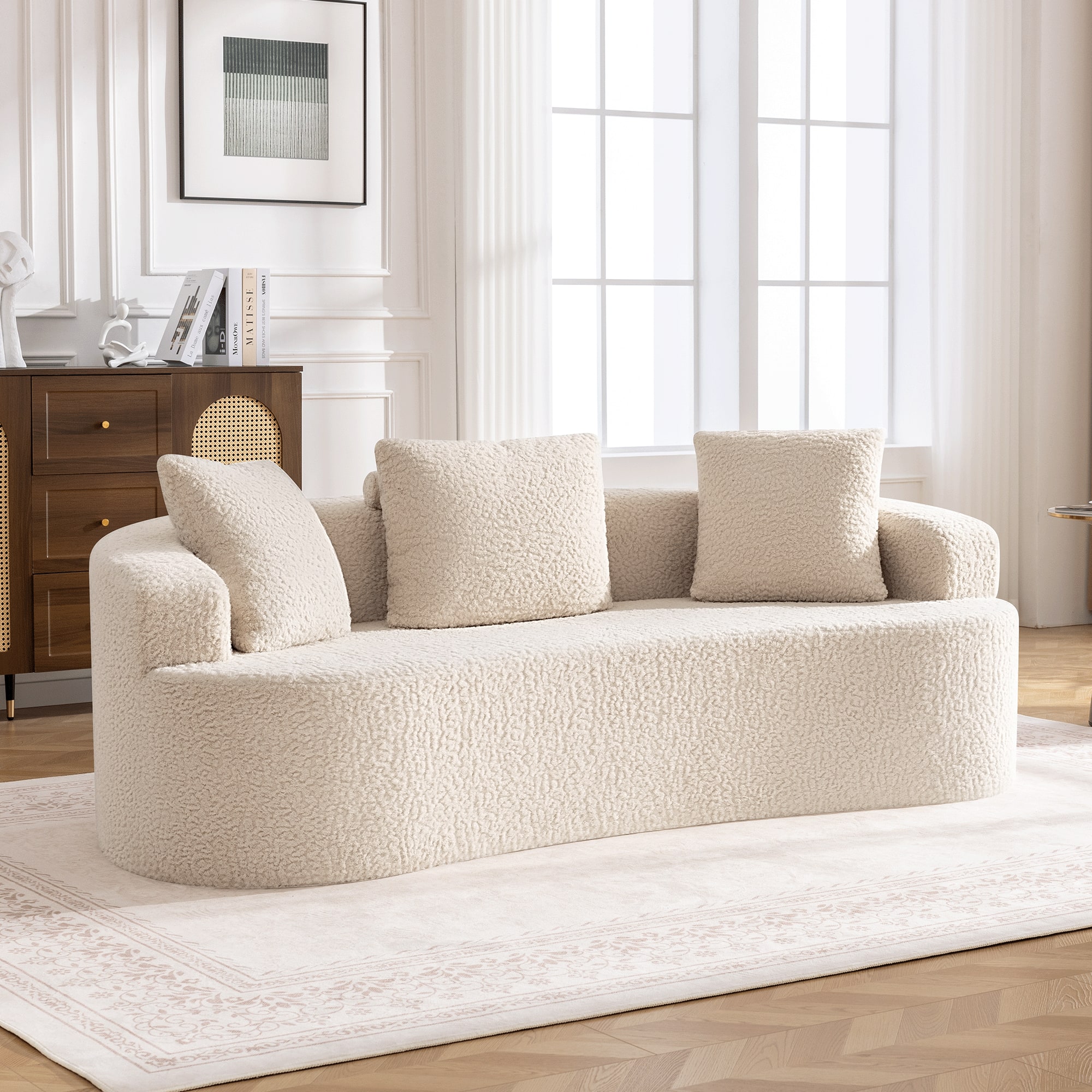 Front. KERDOM - 80" Curved Loveseat for Small Space, Modern Teddy Sofa Couch with 3 Pillows for Apartment, Bedroom, No Assembly Required - Beige.