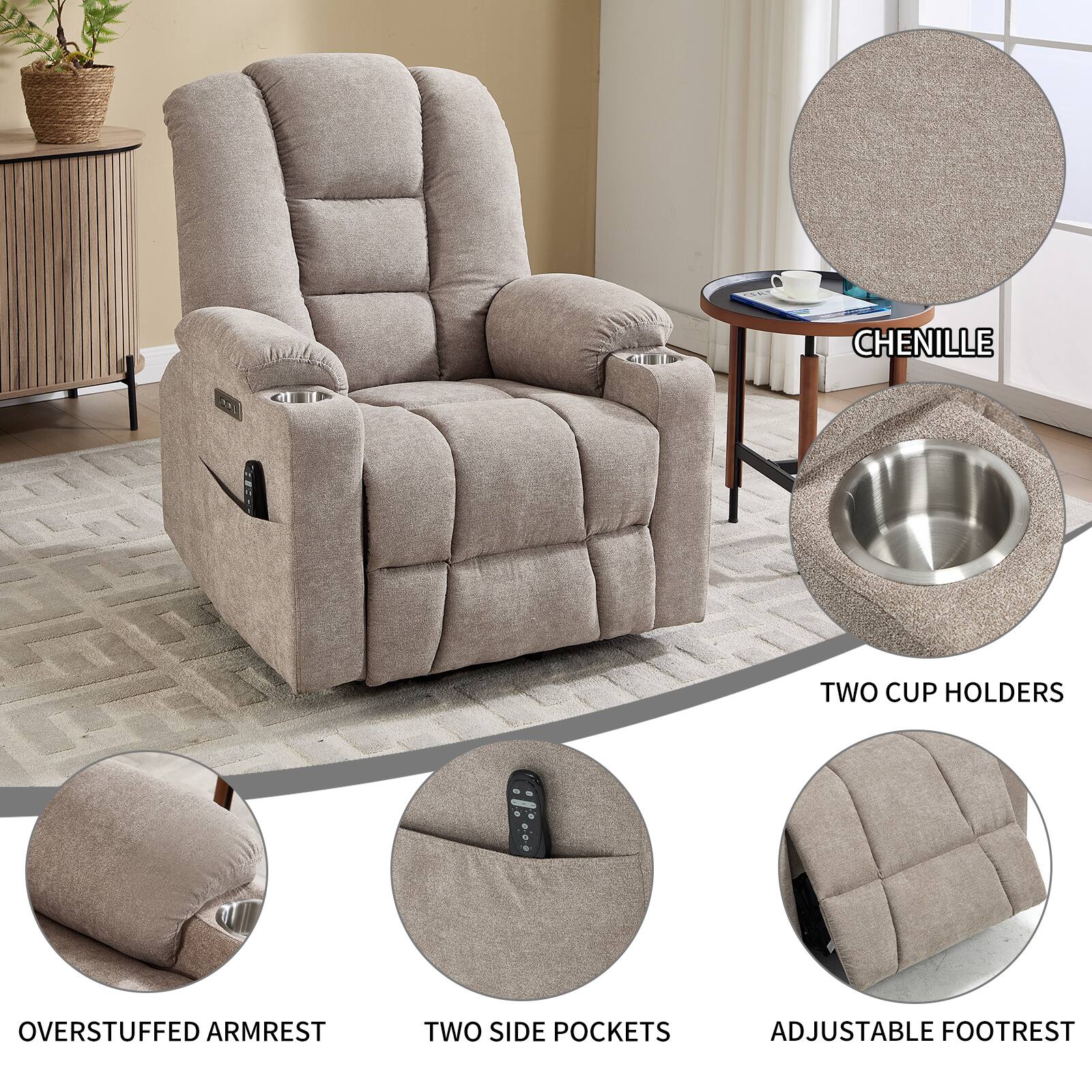 - Chenille
- Two Cup Holders
- Overstuffed Armrest
- Two Side Pockets
- Adjustable Footrest