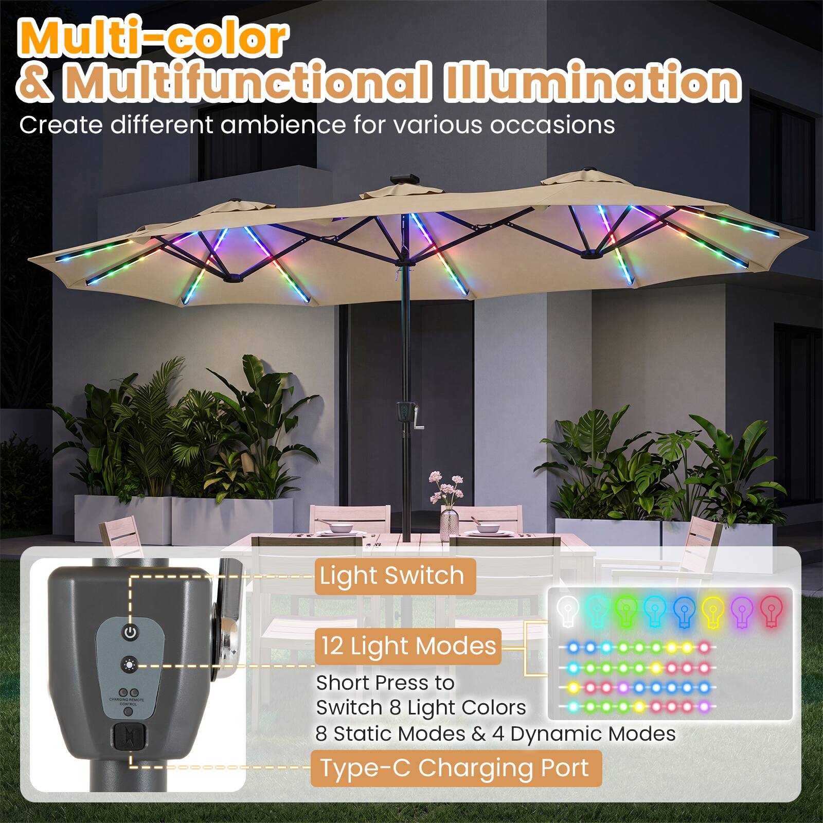 Multi-color & Multifunctional Illumination  
Create different ambience for various occasions  

Light Switch  

12 Light Modes  
Short Press to Switch 8 Light Colors  
8 Static Modes & 4 Dynamic Modes  

Type-C Charging Port