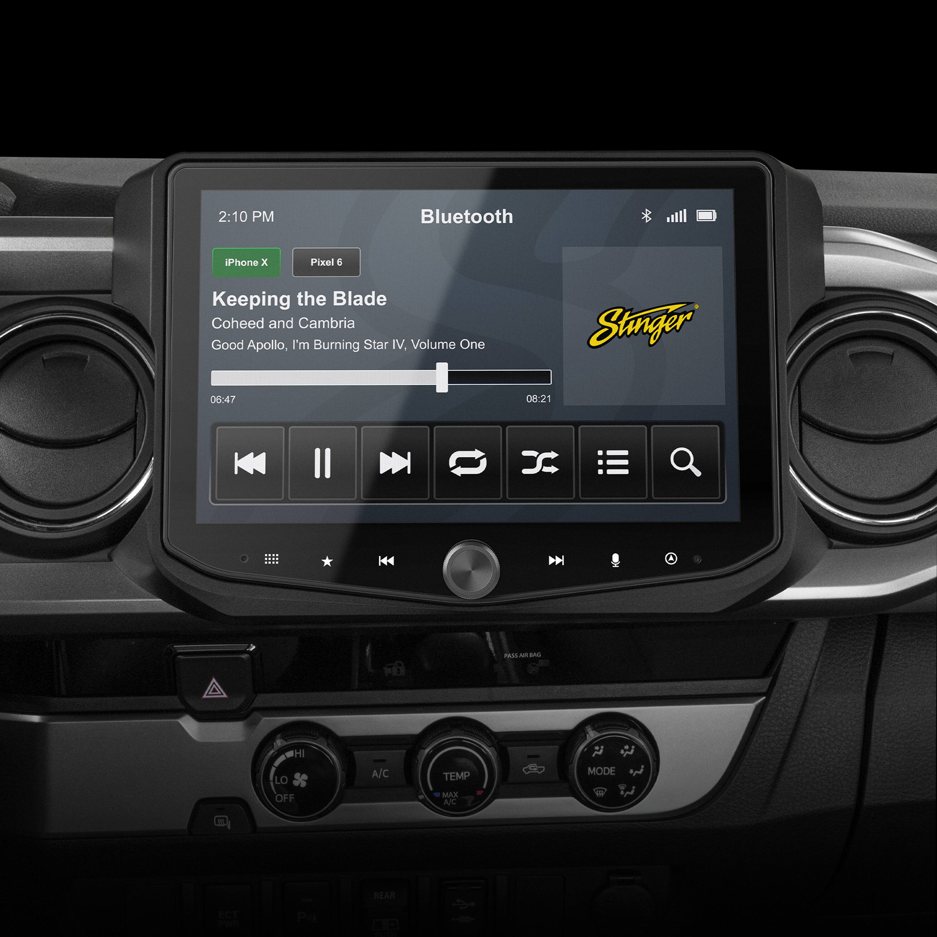 The text on the image reads: "2:10 PM Bluetooth iPhone x Pixel E Keeping the Blade Coheed and Cambria Good Apollo, I'm Burning Star IV. Volume One Stinger 06:47 08:21 H44 A As - SAS HI LO OFF A/C TEMP MILX AC MODE REAR." This text seems to be a combination of various elements, such as time, device, music, and temperature. However, it is not clear what the actual purpose or context of this text is.