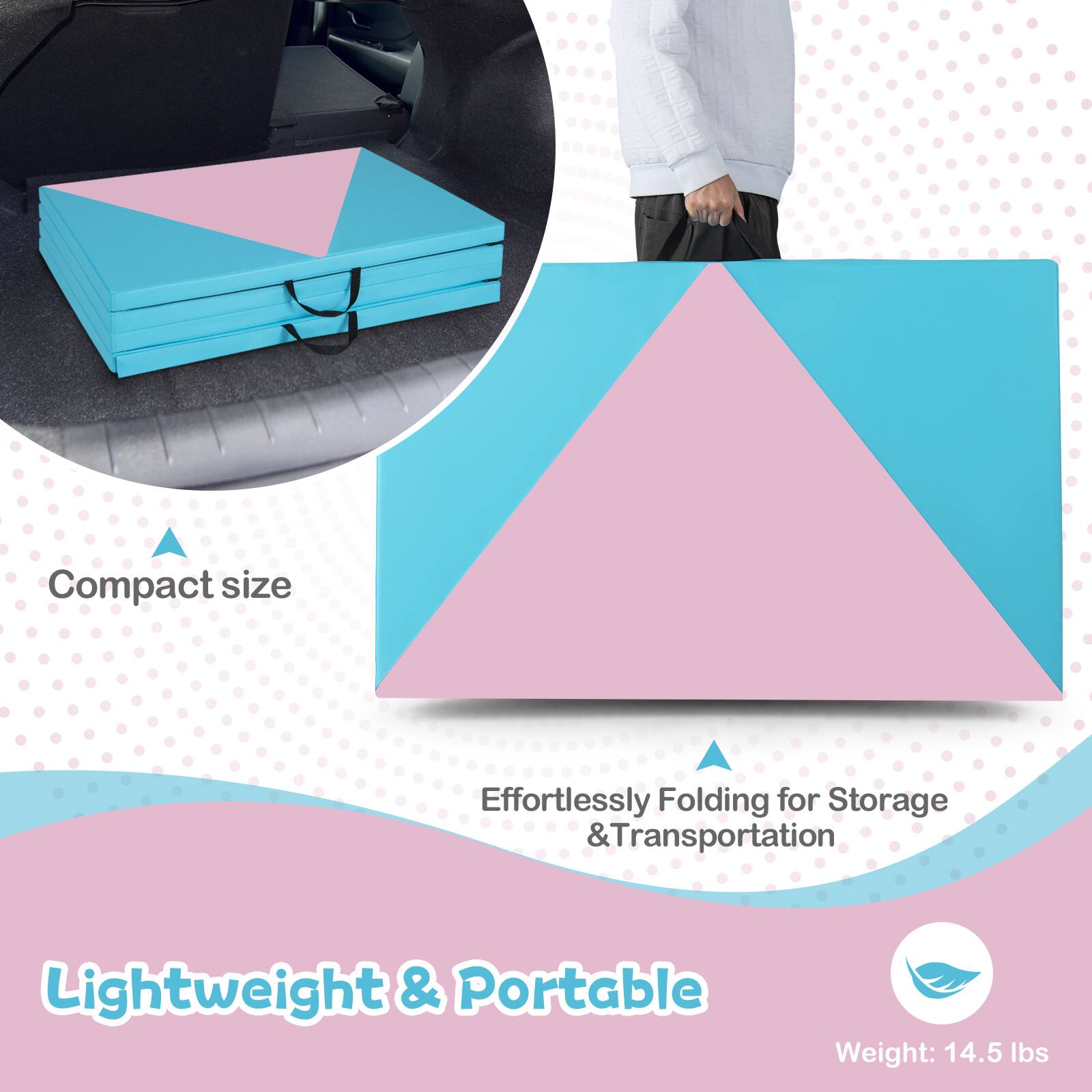Compact size  
Effortlessly Folding for Storage & Transportation  
Lightweight & Portable  
Weight: 14.5 lbs