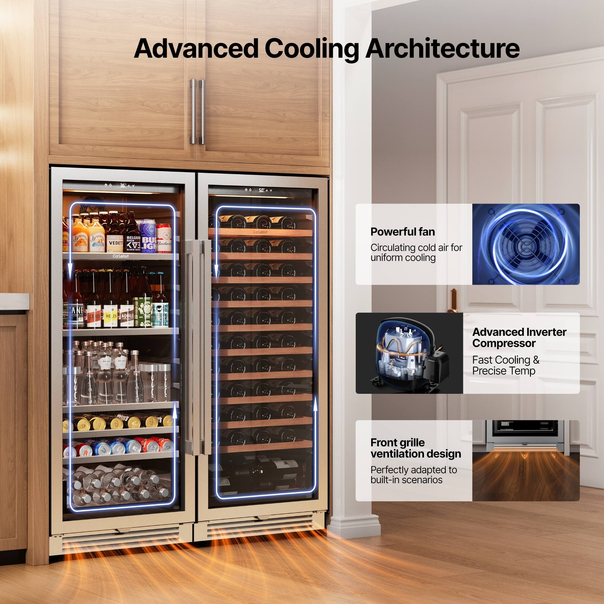 Advanced Cooling Architecture

- Powerful fan
  - Circulating cold air for uniform cooling

- Advanced Inverter Compressor
  - Fast Cooling & Precise Temp

- Front grille ventilation design
  - Perfectly adapted to built-in scenarios