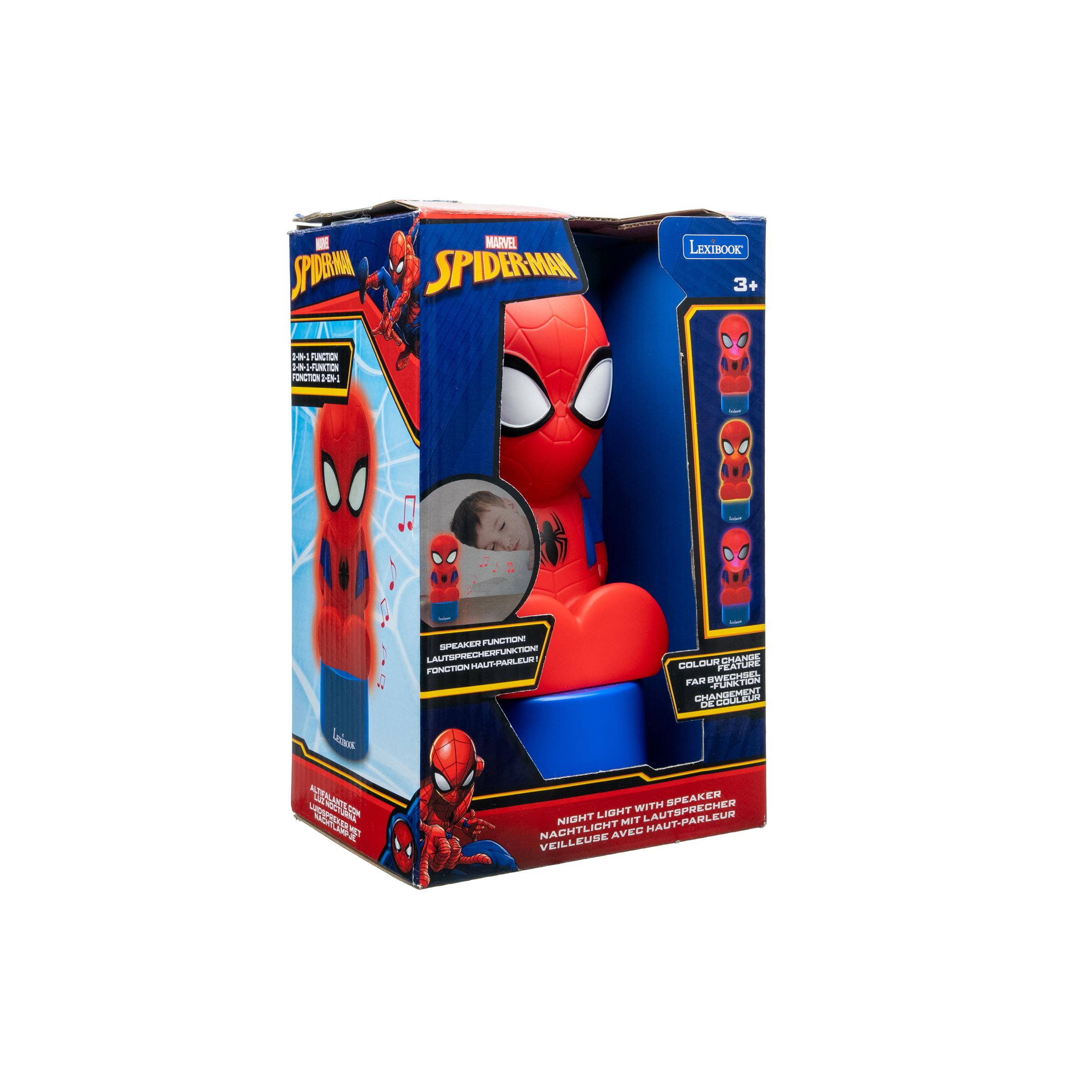 MARVEL SPIDER-MAN  
LEXIBOOK 3+  
D-N- FUNCTION H FUNKTION FONCTION D DH  
SPEAKER FUNCTION! LAUTSPRECHERFUNKTION! HAUT-PARLEUR! FONCTION  
COLOURCH FEATURE CHANGE FAR BWECHSEL -FUNKTION CHANGEMENT DE COULEUR  

WITH SPEAKER NIGHT LIGHT MIT LAUTSPRECHER HAUT-PARLEUR NACHTLICHT VEILLEUSE AVEC