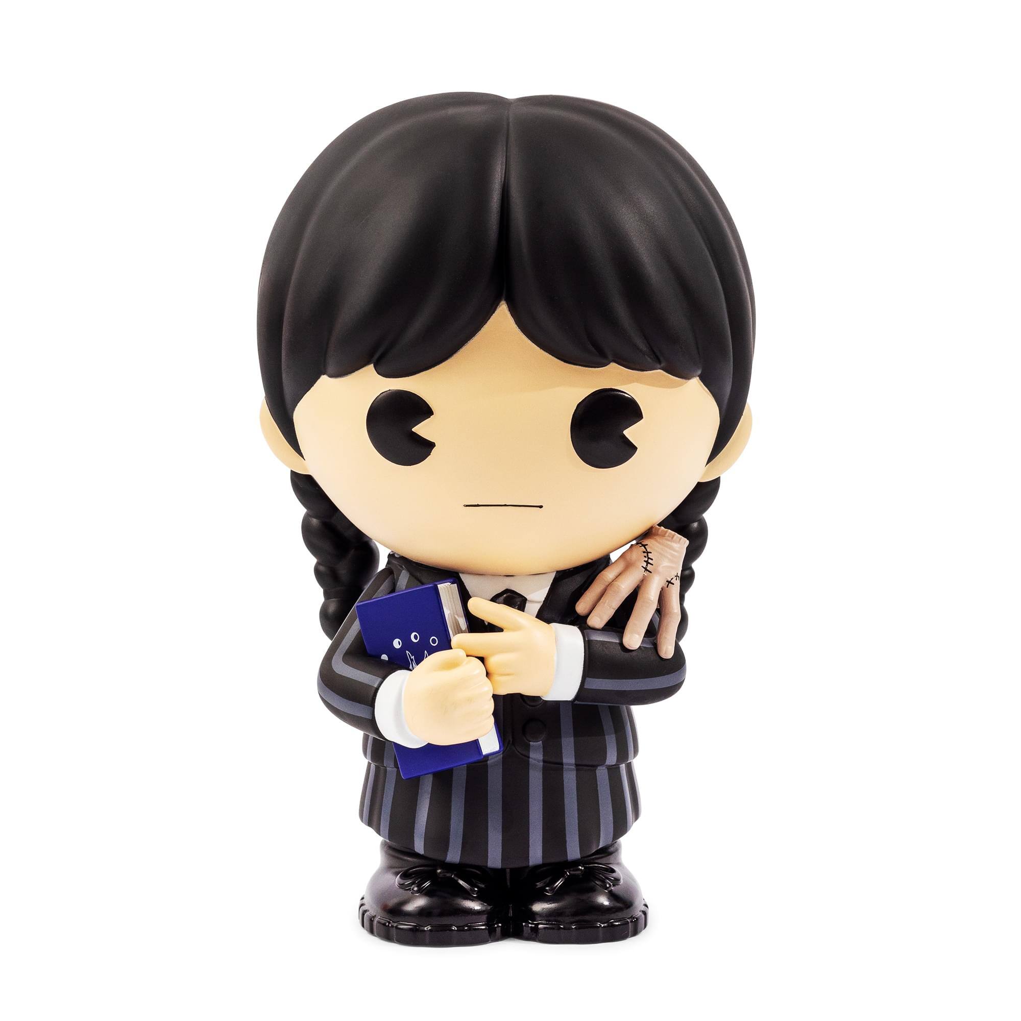 Front. Monogram - The Addams Family Wednesday With Thing 8 Inch PVC Figural Bank - Black.