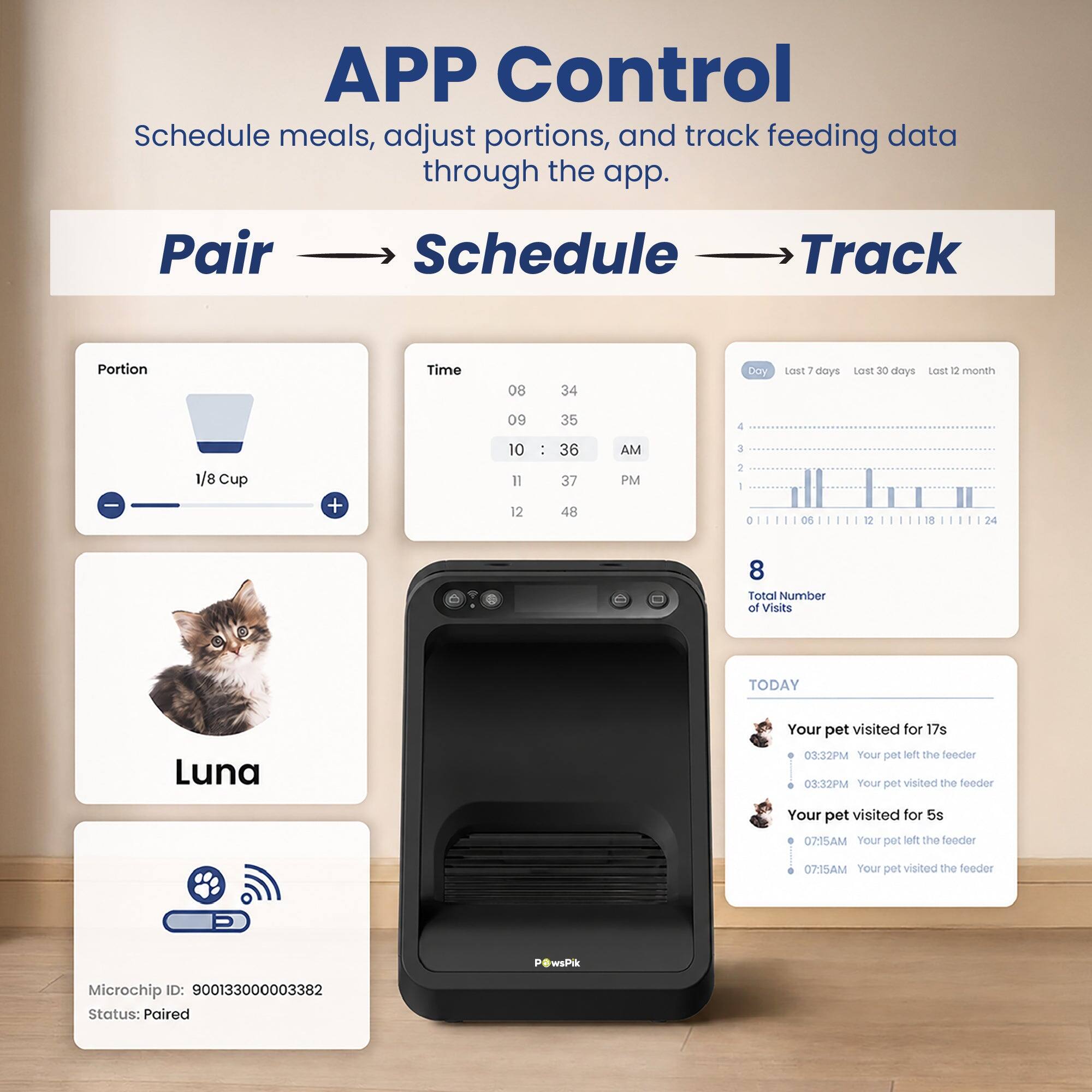 APP Control  
Schedule meals, adjust portions, and track feeding data through the app.  
Pair → Schedule → Track  

Portion  
1/8 Cup  

Time  
08:34 AM  
09:35 AM  
10:36 AM  
11:37 AM  
12:48 PM  

Day  
Last 7 days  
Last 30 days  
Last 12 month  

8  
Total Number of Visits  

TODAY  
Your pet visited for 17s  
03:32PM Your pet left the feeder  
03:32PM Your pet visited the feeder  

Your pet visited for 5s  
07:15AM Your pet left the feeder  
07:15AM Your pet visited the feeder  

Luna  

Microchip ID: 900133000003382  
Status: Paired