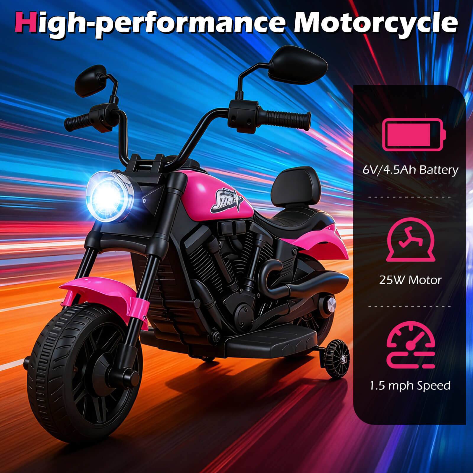 High-performance Motorcycle  
6V/4.5Ah Battery  
25W Motor  
1.5 mph Speed