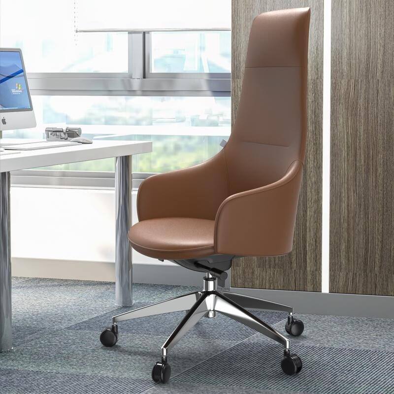 Angle. LeisureMod - Celeste High-Back Office Chair in Upholstered Leather with Iron Frame Swivel and Tilt for Desk, Study and Home Office - Dark Brown.