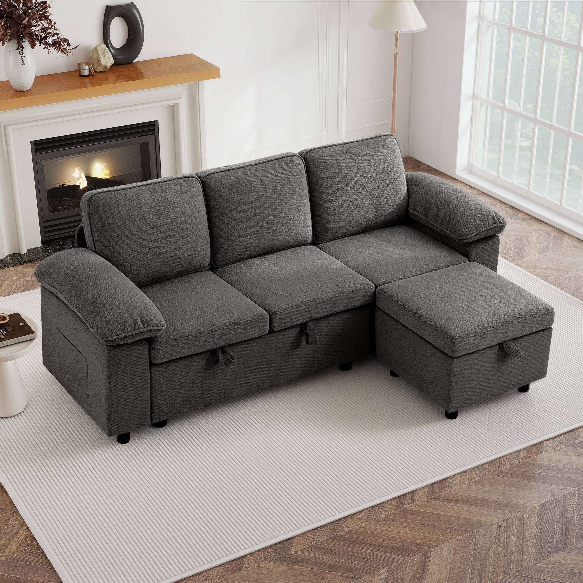 Angle. Brick Attic - 4 to 7 Seat Modular Pull Out Sofa Bed with Storage Ottoman Washable Covers and Side Pockets for Living Room - GR-4 Seat - Ottoman.