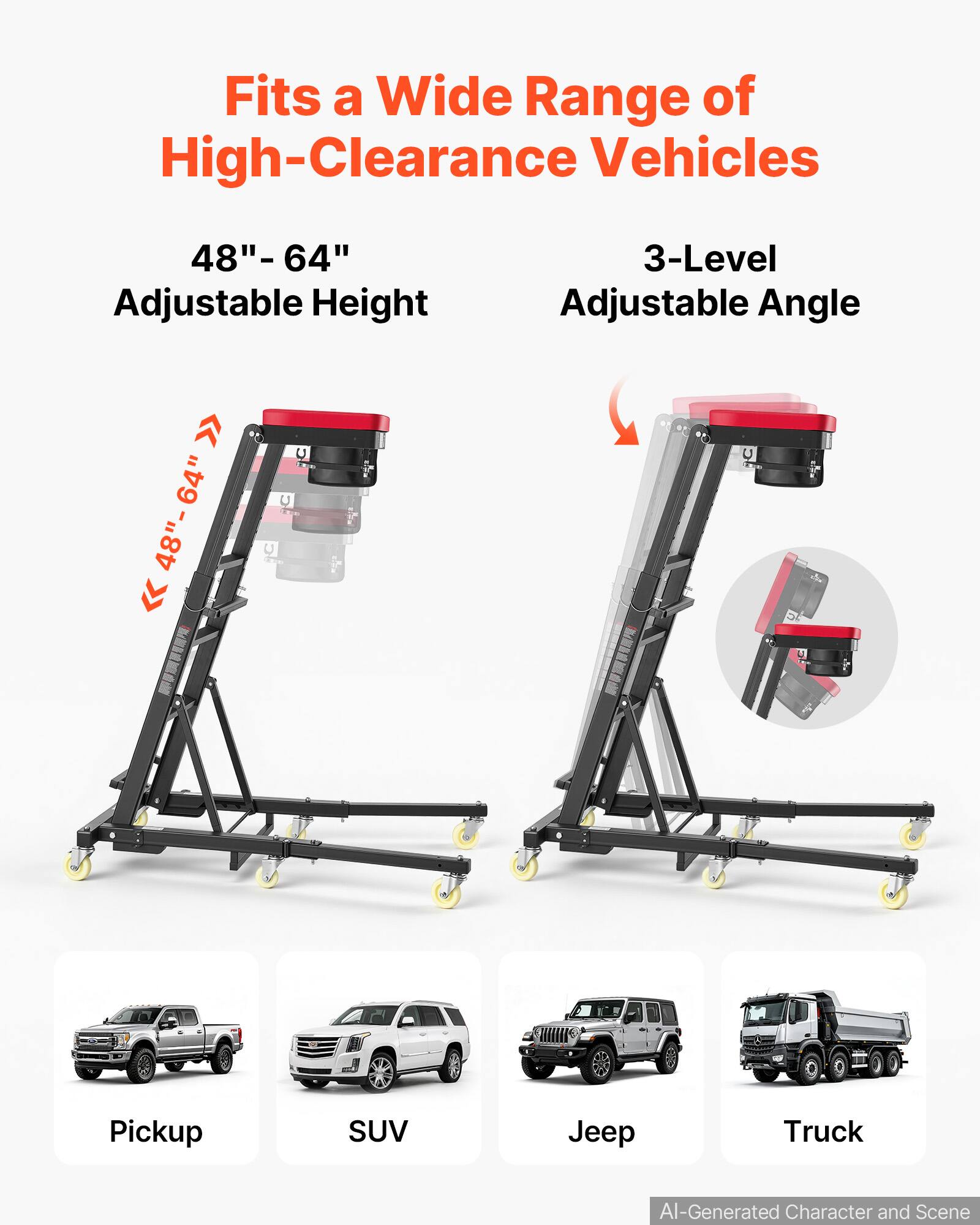 Fits a Wide Range of High-Clearance Vehicles

48"-64" Adjustable Height

3-Level Adjustable Angle

Pickup
SUV
Jeep
Truck

AI-Generated Character and Scene
