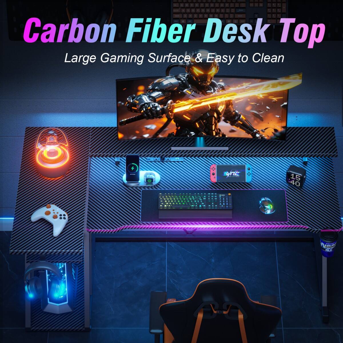Carbon Fiber Desk Top  
Large Gaming Surface & Easy to Clean