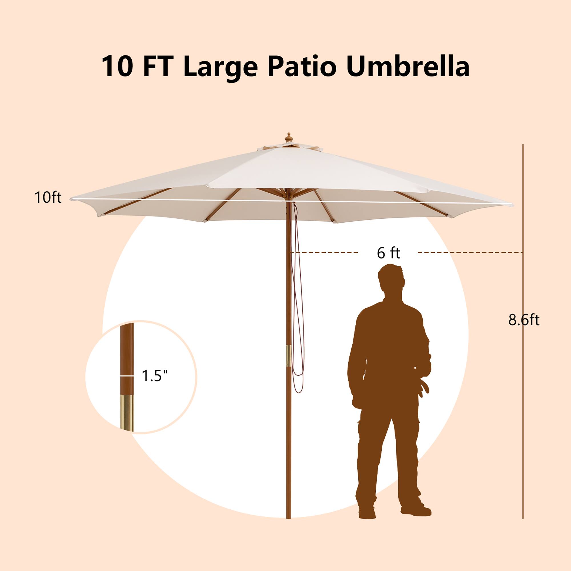 10 FT Large Patio Umbrella 10ft 6ft 8.6ft 1.5"