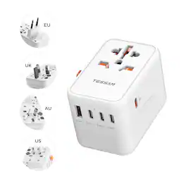 TESSAN - 65W Universal Travel Adapter with 4 USB-C PD Fast Charging &1 USB-A Type C, G, A, I Plug - White